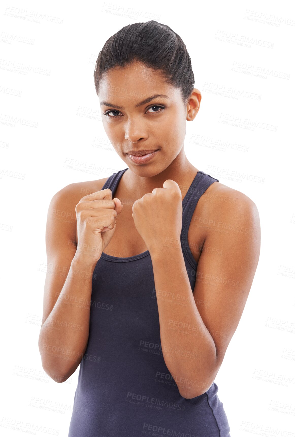 Buy stock photo Portrait, fist and fighter woman for fitness isolated on a transparent png background. Face, boxer and female athlete ready for training, exercise and workout for fight, martial arts or boxing sports