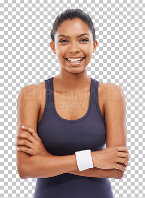 Buy stock photo Happy woman, portrait smile and arms crossed in fitness confidence isolated on a transparent PNG background. Confident, fit and sport female person smiling proud for healthy body, exercise or workout