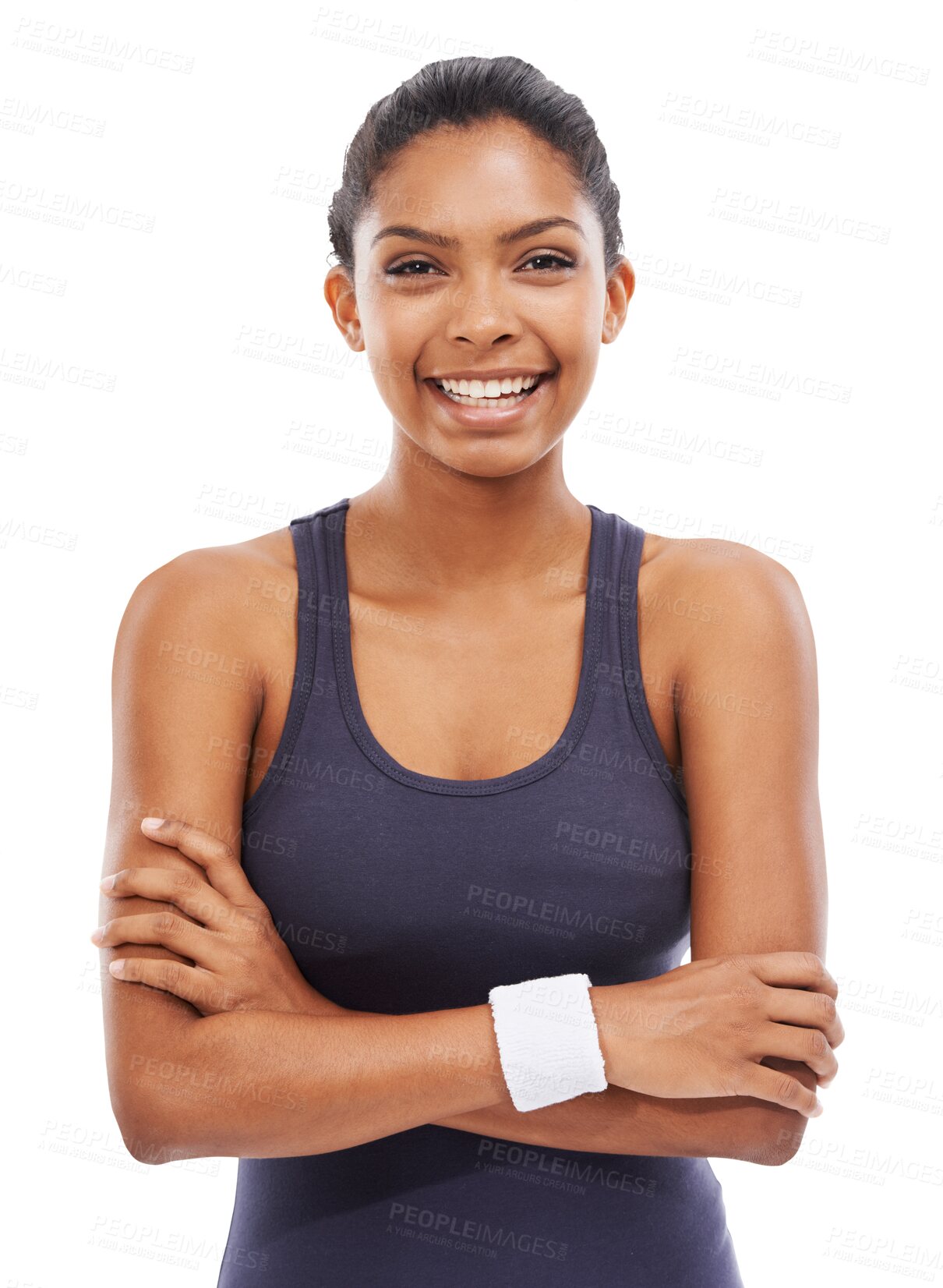 Buy stock photo Happy woman, portrait smile and arms crossed in fitness confidence isolated on a transparent PNG background. Confident, fit and sport female person smiling proud for healthy body, exercise or workout