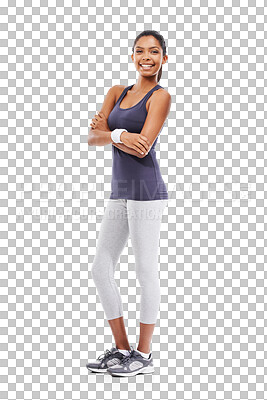 Buy stock photo Woman, arms crossed and fitness in portrait with smile, ready for exercise isolated on transparent png background. Young female athlete, sports and healthy lifestyle with active person in sportswear