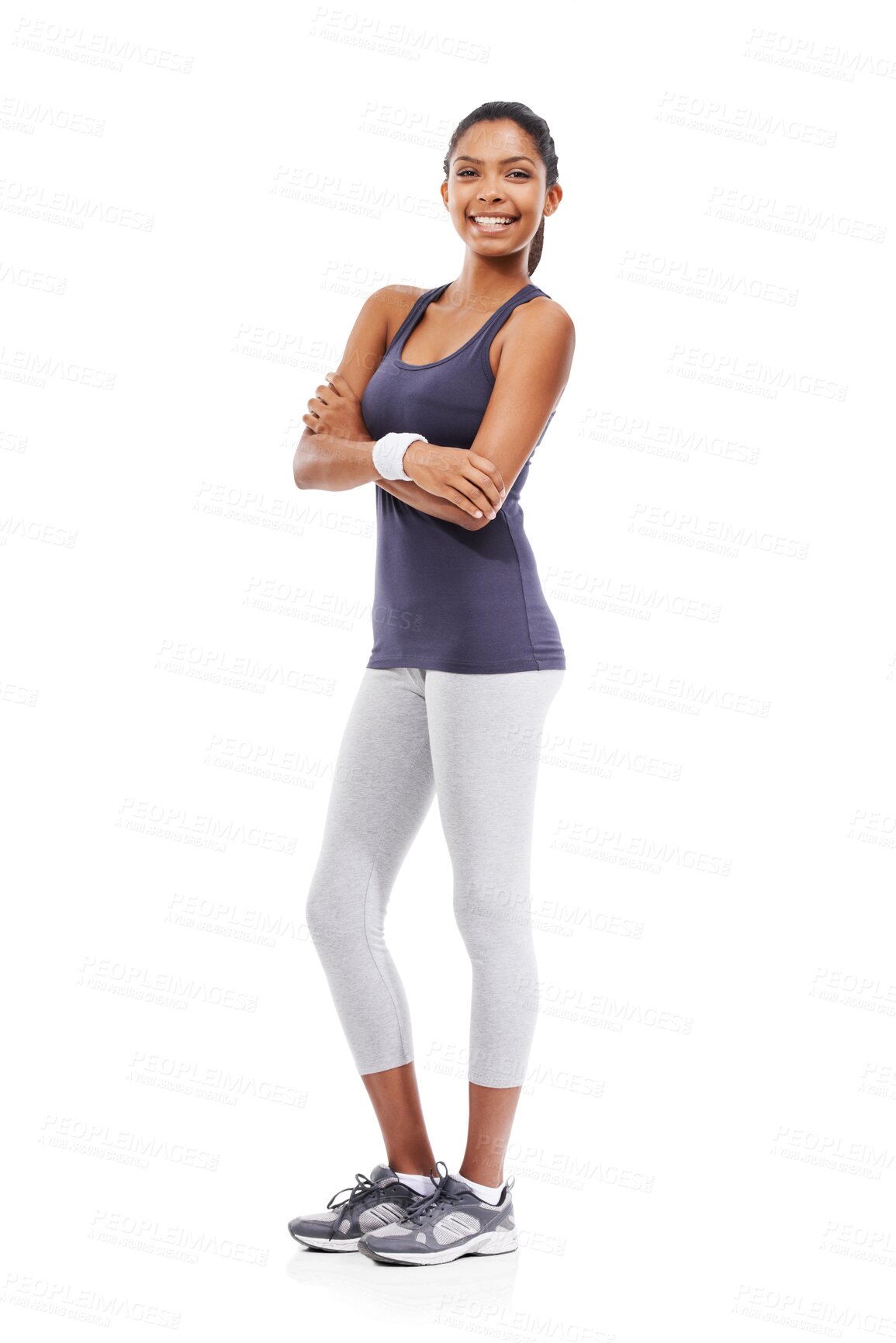 Buy stock photo Woman, arms crossed and fitness in portrait with smile, ready for exercise isolated on transparent png background. Young female athlete, sports and healthy lifestyle with active person in sportswear