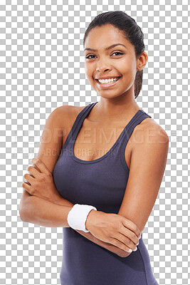 Buy stock photo Fitness, portrait and smile of woman with arms crossed isolated on a transparent png background. Face, sports coach or confident athlete from South Africa ready to start training, workout or exercise