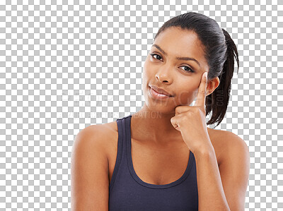 Buy stock photo Portrait, fitness and confident woman isolated on a transparent png background. Face, sports and female athlete from South Africa ready to start training, exercise and workout for health and wellness