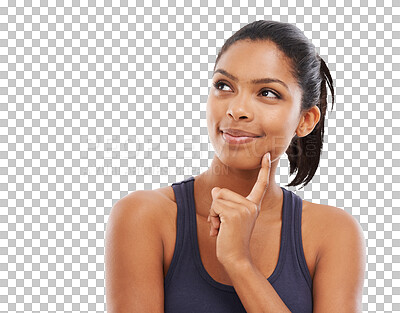 Buy stock photo Fitness, woman thinking and isolated against a transparent  png background for workout. Thought or idea, exercise or training and young African female person think for practice health wellness