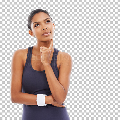 Buy stock photo Thinking, idea and young female athlete with solution, planning or brainstorming facial expression. Memory, fitness and sports woman with a dreaming face isolated by a transparent png background.