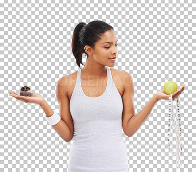 Buy stock photo Tape measure, apple or woman with cupcake choice for a healthy snack, diet nutrition or junk food. Decision, lose weight or fit girl with fruit or muffin option isolated on transparent png background