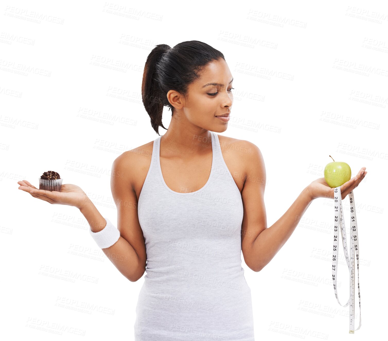 Buy stock photo Tape measure, apple or woman with cupcake choice for a healthy snack, diet nutrition or junk food. Decision, lose weight or fit girl with fruit or muffin option isolated on transparent png background