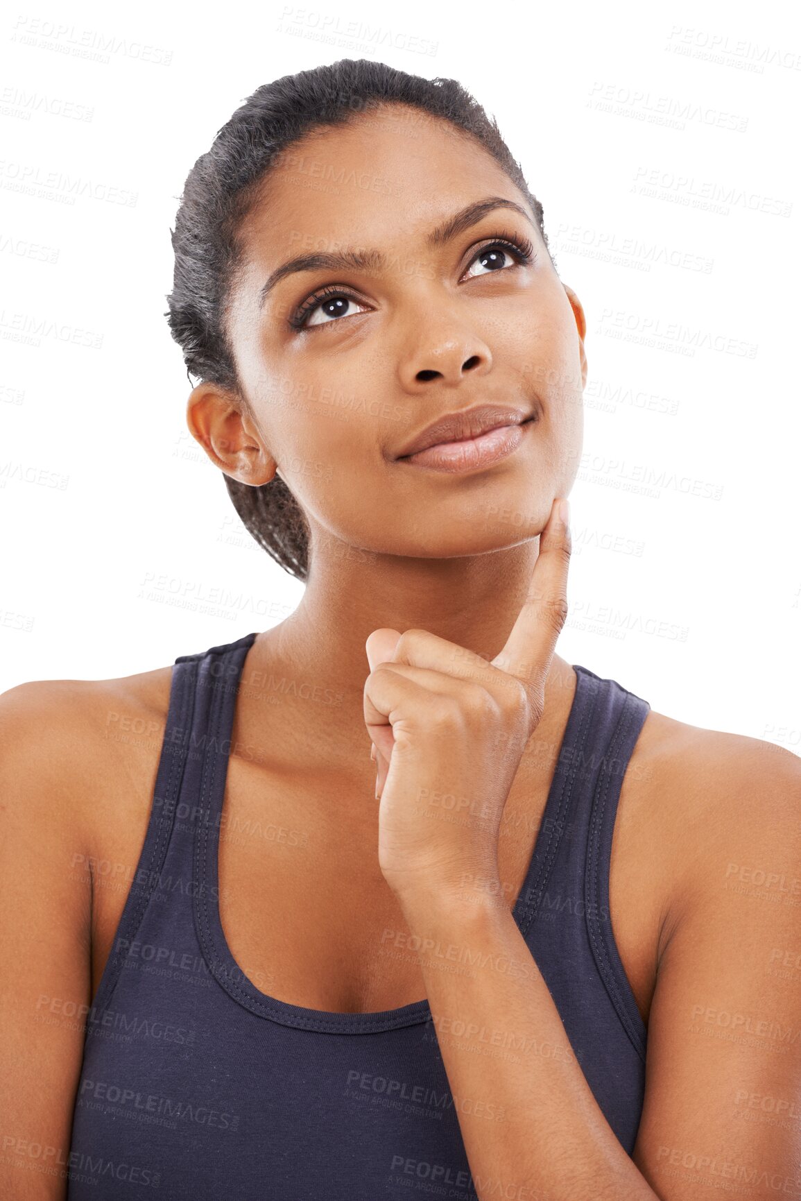 Buy stock photo Thinking, doubt and female athlete with solution, planning or brainstorming facial expression. Question, fitness and sports woman with a dreaming or memory face isolated by transparent png background