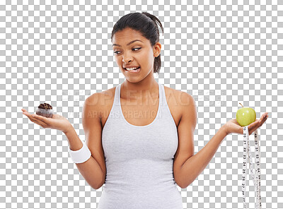 Buy stock photo Isolated woman, cupcake and apple with choice, nutrition or hungry by transparent png background. Girl, model and thinking for decision with healthy fruit, candy or happy with mindset for diet goal