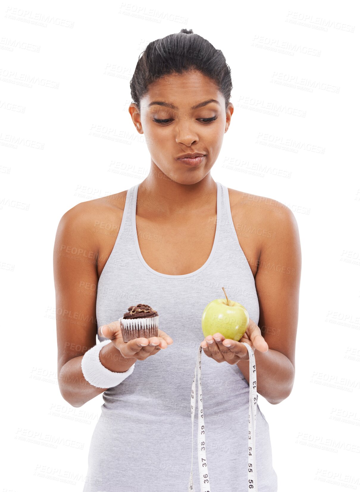Buy stock photo Tape measure, apple or confused woman with cupcake choice for a healthy snack, diet nutrition or junk food. Decision, doubt or girl with fruit or muffin options isolated on transparent png background