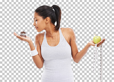 Buy stock photo Isolated woman, muffin and apple for fitness choice, nutrition and smell by transparent png background. Confused girl, model and thinking for decision with fruit, cupcake and temptation for diet goal