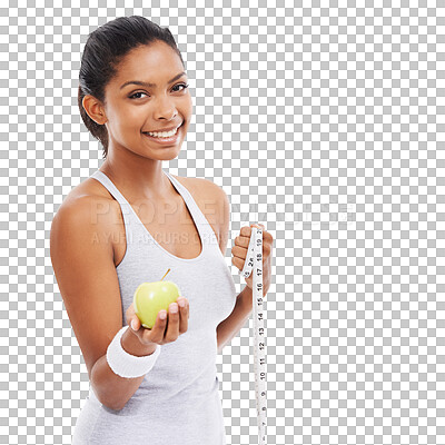 Buy stock photo Isolated woman, apple and measuring tape in portrait for diet, smile or fitness by transparent png background. Girl, model or personal trainer with fruit, happy or nutrition for health to lose weight