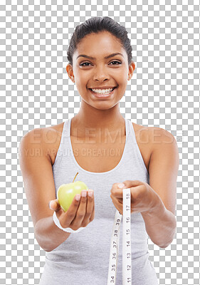 Buy stock photo Isolated woman, apple and measure tape in portrait for diet, smile and fitness by transparent png background. Girl, model or personal trainer with fruit, happy or nutrition for health to lose weight