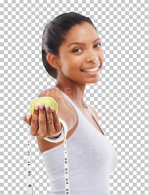 Buy stock photo Apple, health and portrait of woman with tape for wellness or weight loss isolated in a transparent of png background. Smile, fruit and healthy young female person with diet food after exercise