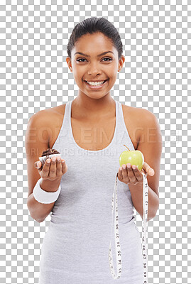 Buy stock photo Tape measure, apple or excited girl with cupcake choice for a healthy diet nutrition or junk food. Decision, lose weight or happy woman eating fruit or muffin isolated on transparent png background