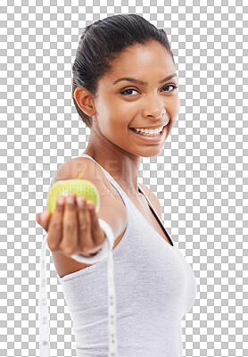 Buy stock photo Apple, smile and portrait of woman with tape for wellness or weight loss isolated in a transparent of png background. Health, fruit and healthy young female person with diet food after exercise