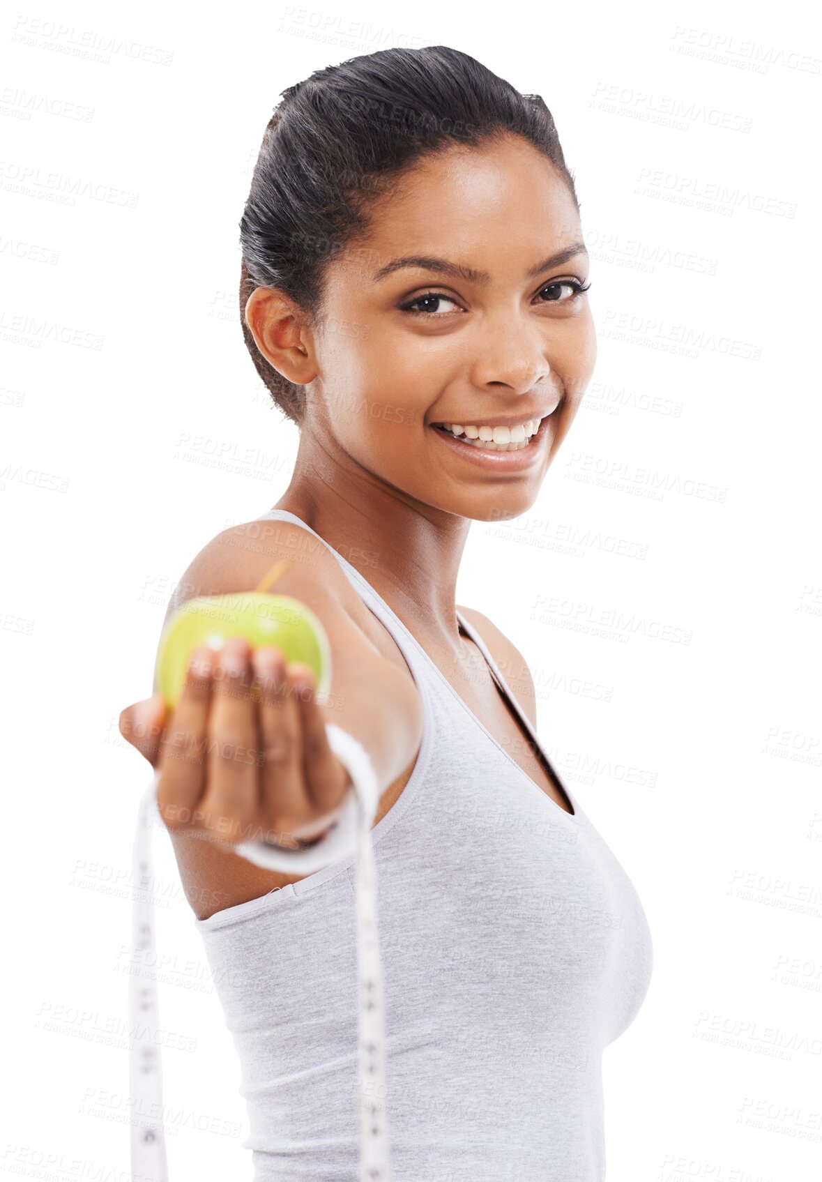 Buy stock photo Apple, smile and portrait of woman with tape for wellness or weight loss isolated in a transparent of png background. Health, fruit and healthy young female person with diet food after exercise