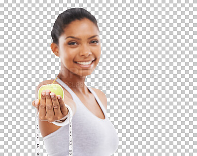 Buy stock photo Apple, wellness and portrait of woman with tape for health or weight loss isolated in a transparent of png background. Smile, fruit and healthy young female person with diet food after exercise