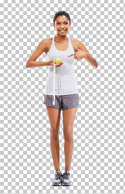 Buy stock photo Isolated woman, apple and measuring tape with point, portrait or smile for diet by transparent png background. Girl, model or personal trainer with fruit, happy or nutrition for health to lose weight