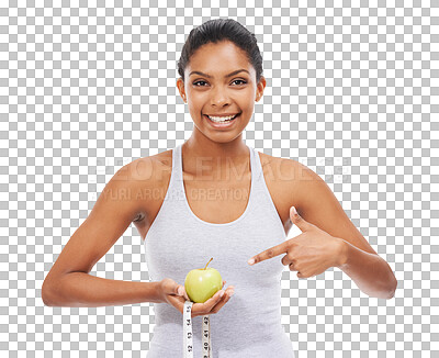 Buy stock photo Pointing, apple and woman with fitness, tape and portrait isolated against a transparent background. Face, female person and athlete with a fruit, weight loss and model with health, nutrition and png