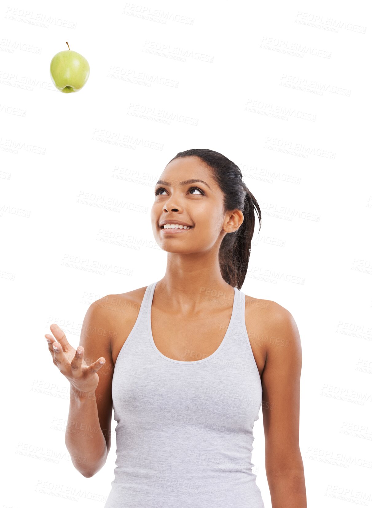 Buy stock photo Throw, smile or happy woman with an apple for healthy nutrition, clean diet or digestion benefits. Wellness, lose weight or fun girl eating fruits for self care isolated on transparent PNG background