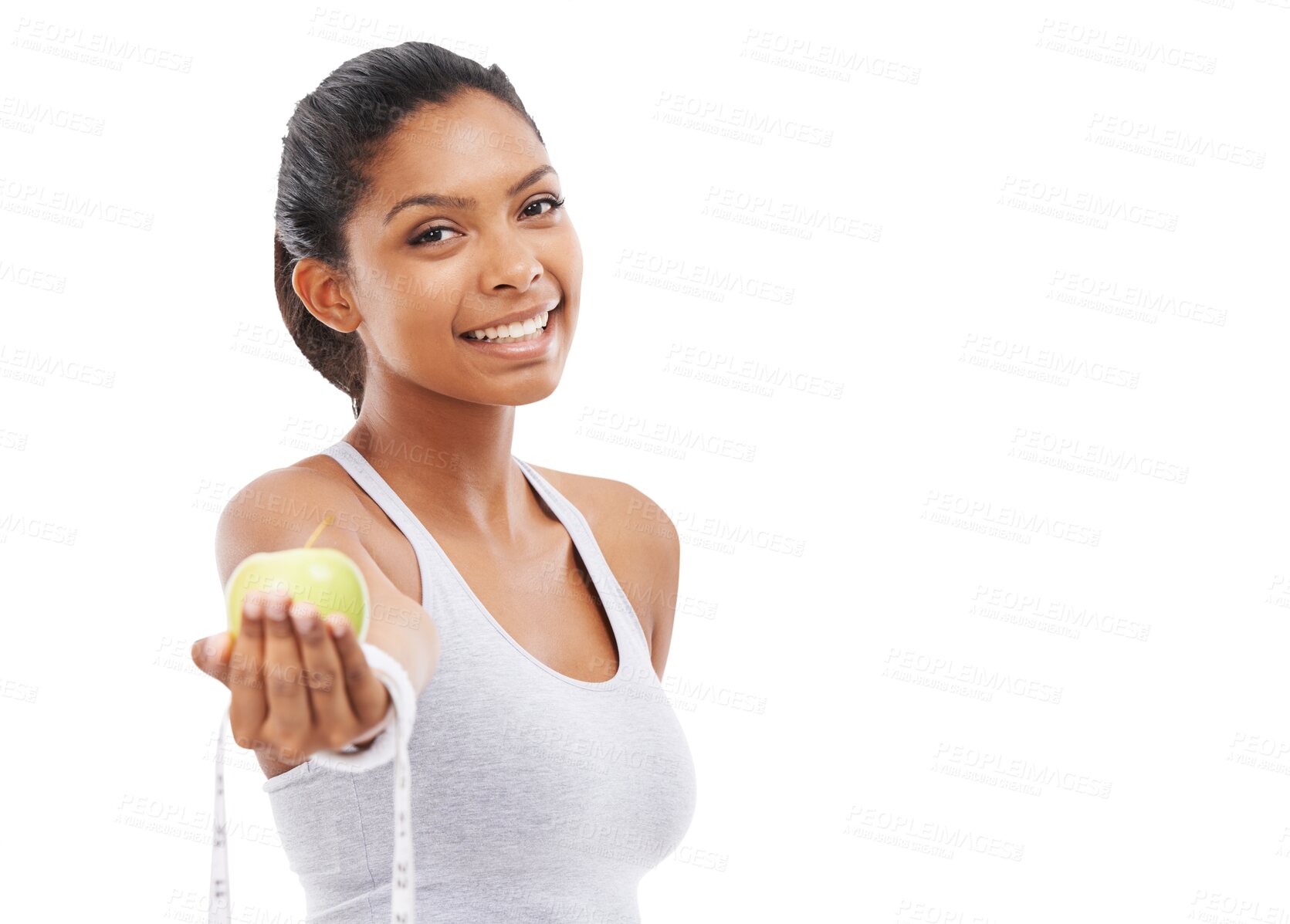 Buy stock photo Isolated woman, apple and measuring tape with smile, portrait and diet for health by transparent png background. Girl, model or personal trainer with fruit, happy and nutrition goals to lose weight