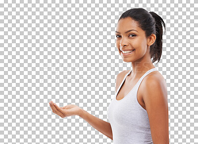 Buy stock photo Portrait, fitness or happy girl with hand showing wellness isolated on transparent png background. Smile, face or sports woman smiling, advertising or advertising for promotion of healthy product 