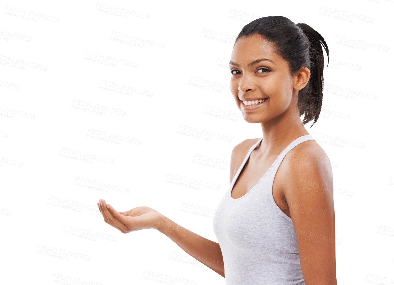 Buy stock photo Portrait, fitness or happy girl with hand showing wellness isolated on transparent png background. Smile, face or sports woman smiling, advertising or advertising for promotion of healthy product 