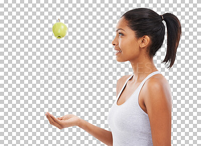 Buy stock photo Profile, health and a woman with an apple for nutrition isolated on a transparent background for a diet. Healthy eating, weightloss and natural vitamins with an attractive young female person on PNG