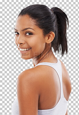 Buy stock photo Portrait, fitness and smile of woman isolated on a transparent png background. Face, sports and happy female athlete from India ready to start training, exercise and workout for health and wellness.