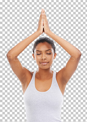 Buy stock photo Zen, namaste and portrait of woman in yoga, stretching or exercise for wellness and balance on transparent, isolated or png background. Relax, face and athlete in meditation, stretch arms or hands