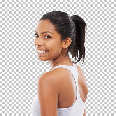 Buy stock photo Fitness, portrait and happy woman isolated on a transparent png background. Face, sports and female athlete from South Africa ready to start training, exercise and workout for health and wellness