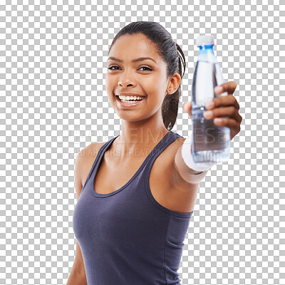 Buy stock photo Portrait, exercise and water with a sports woman holding a bottle isolated on a transparent background for hydration. Fitness, health and smile with a happy young female athlete on PNG for a drink