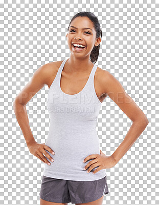 Buy stock photo Fitness, portrait and woman with hands on hips isolated on a transparent png background. Funny, sports coach and confident athlete from South Africa laughing, ready to start training and exercise.