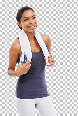 Buy stock photo Portrait, training and water with a sports woman isolated on a transparent background for hydration during exercise. Workout, towel and bottle with a happy young female athlete on PNG for fitness