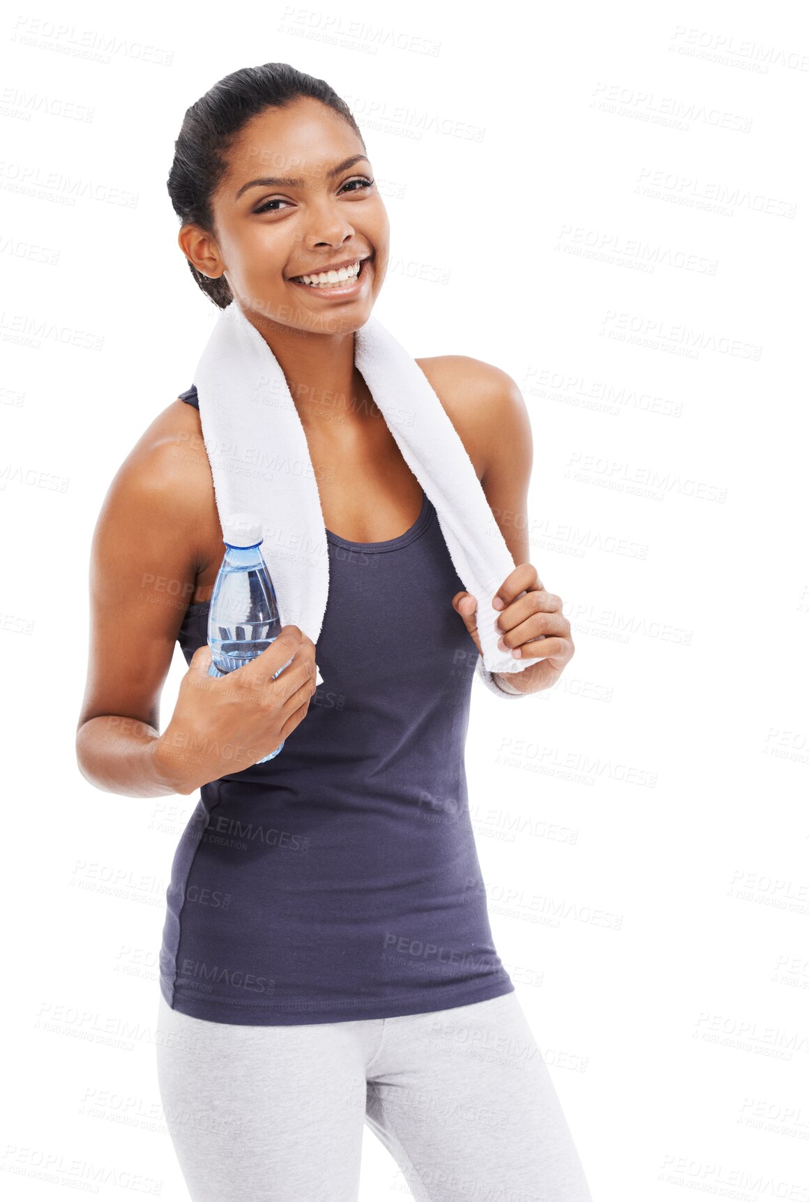 Buy stock photo Portrait, training and water with a sports woman isolated on a transparent background for hydration during exercise. Workout, towel and bottle with a happy young female athlete on PNG for fitness