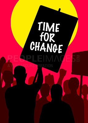 Buy stock photo Protest, poster and digital art of people shadow or silhouette on red background for human rights, vote and justice. Fist, power and community illustration for rally, revolution and politics fight