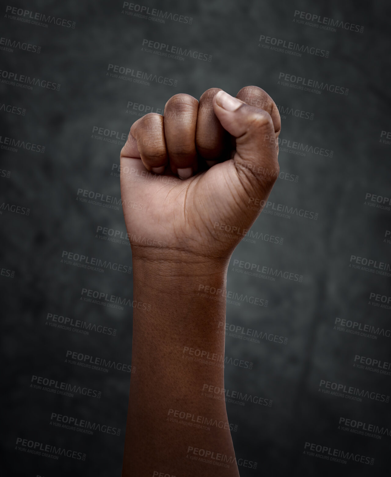 Buy stock photo Equality, protest and hand fist for justice or solidarity, human rights and support for the community. Fight for change, power. and revolution for freedom or empowerment on dark or black background