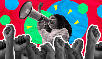 Buy stock photo Megaphone, protest and woman voice isolated on red background for human rights, strong opinion or broadcast. Speech, fist and gen z people for power, call to action or change on digital scrapbook art