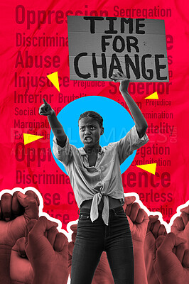 Buy stock photo Poster, protest and woman with time for change sign isolated on a red background for human rights, racism or abuse. Speech, power and fist of african people pointing to government on red collage art