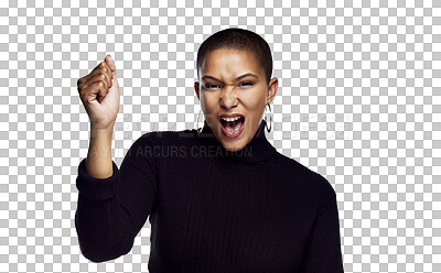 Buy stock photo Human rights, black woman screaming with fist for protest and isolated against a transparent png background. Riot or announcement, justice or noise speech and female person shout for rally. 