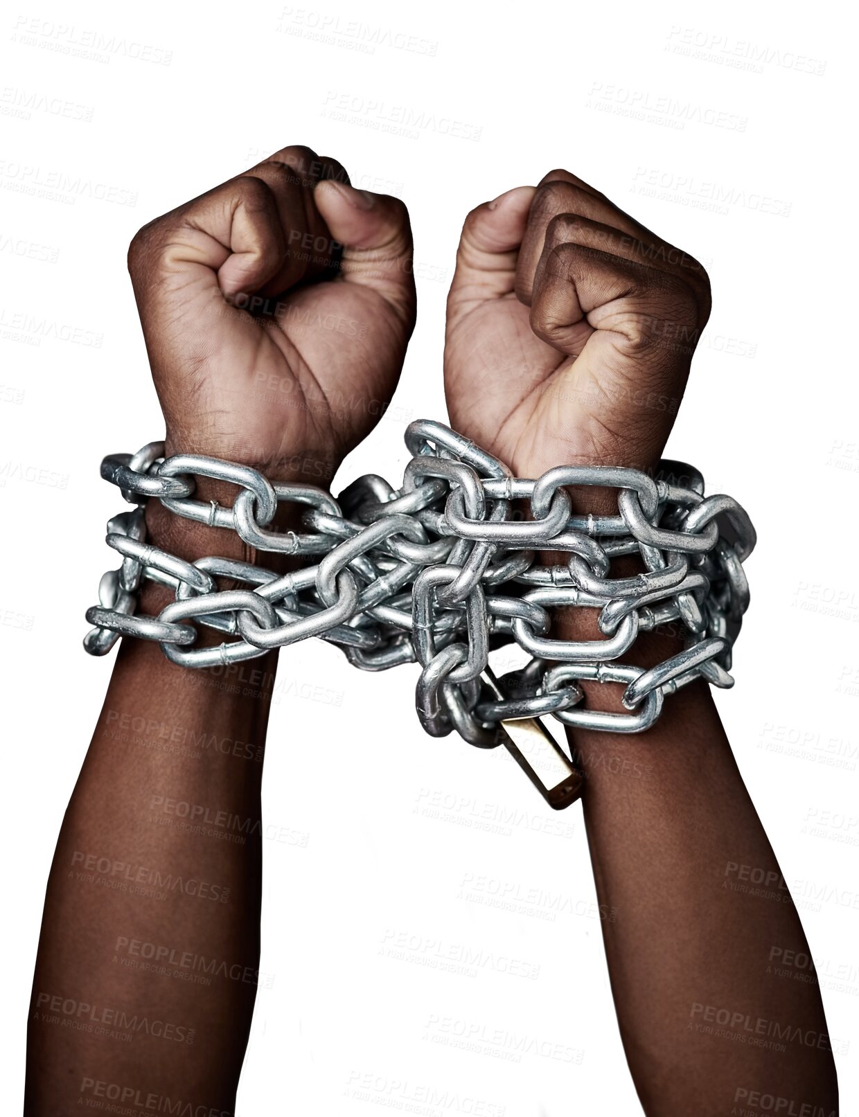 Buy stock photo Hands, chains and prisoner of slavery isolated on a transparent png background. Chained, slave and hand of person in bondage, hostage or criminal in jail after arrest for crime, law and punishment.