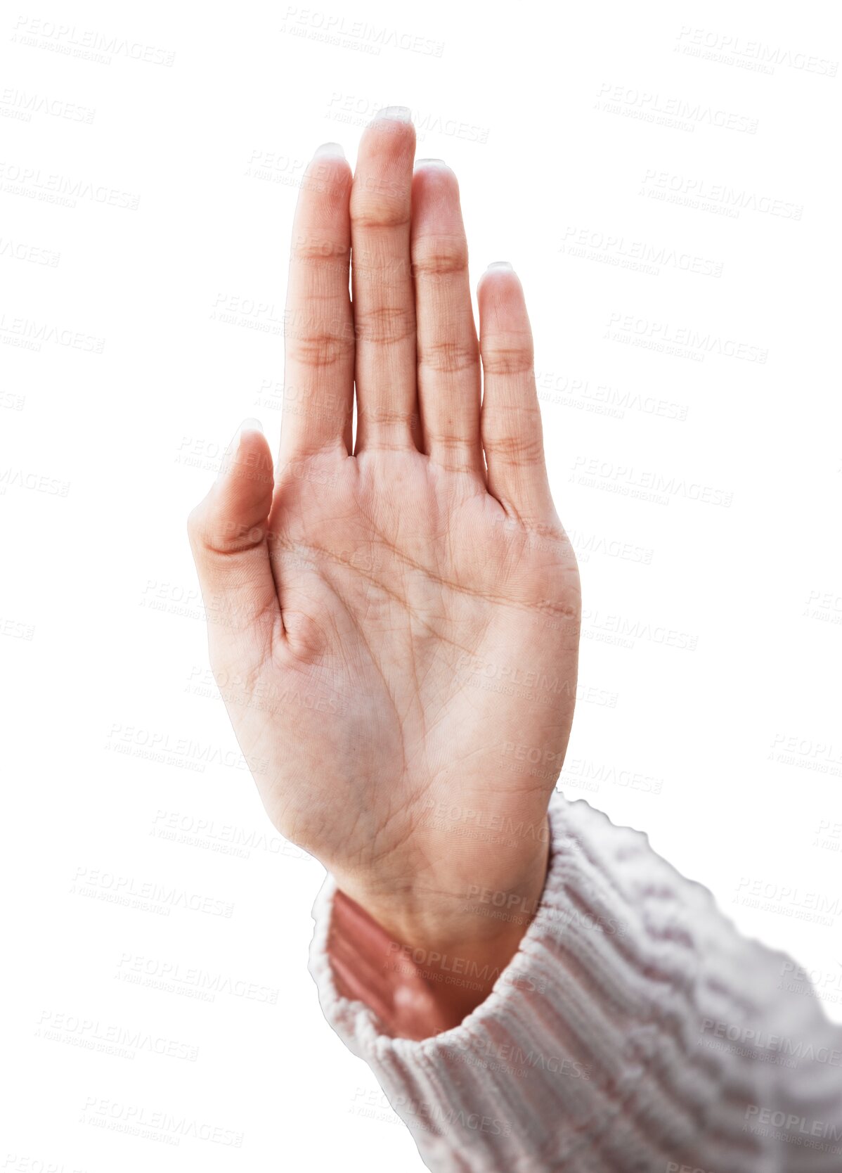 Buy stock photo Hand, stop and warning with protest in png, transparent and isolated background with sign, emoji and objection. Refuse, closeup hands and rejection symbol with palm to block defence with no gesture

