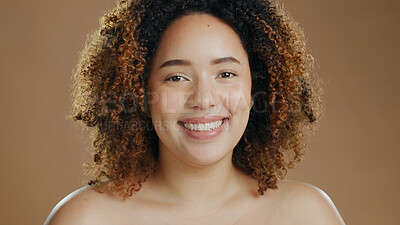 Buy stock photo Happy woman, portrait and face in natural beauty or skincare cosmetics against a studio background. Female person or model smile in dermatology, makeup or facial treatment with curly hair or grooming