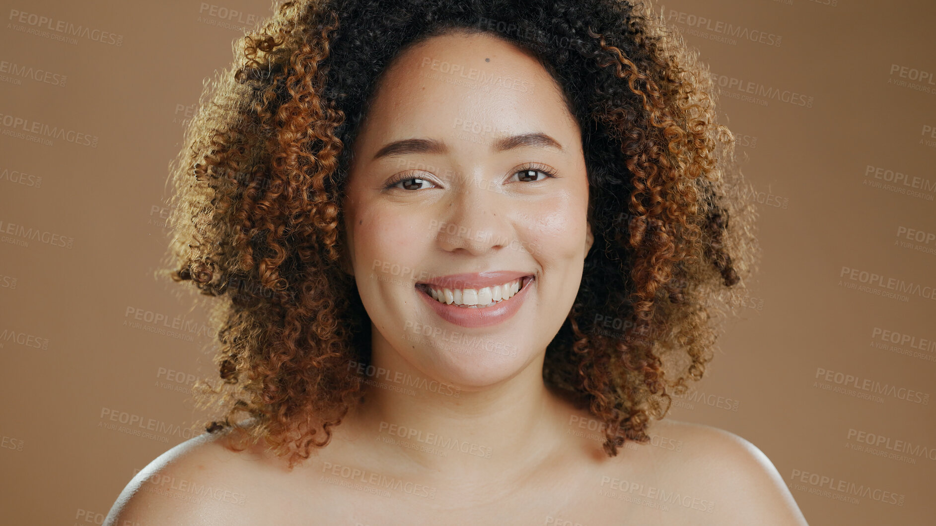 Buy stock photo Happy woman, portrait and face in natural beauty or skincare cosmetics against a studio background. Female person or model smile in dermatology, makeup or facial treatment with curly hair or grooming