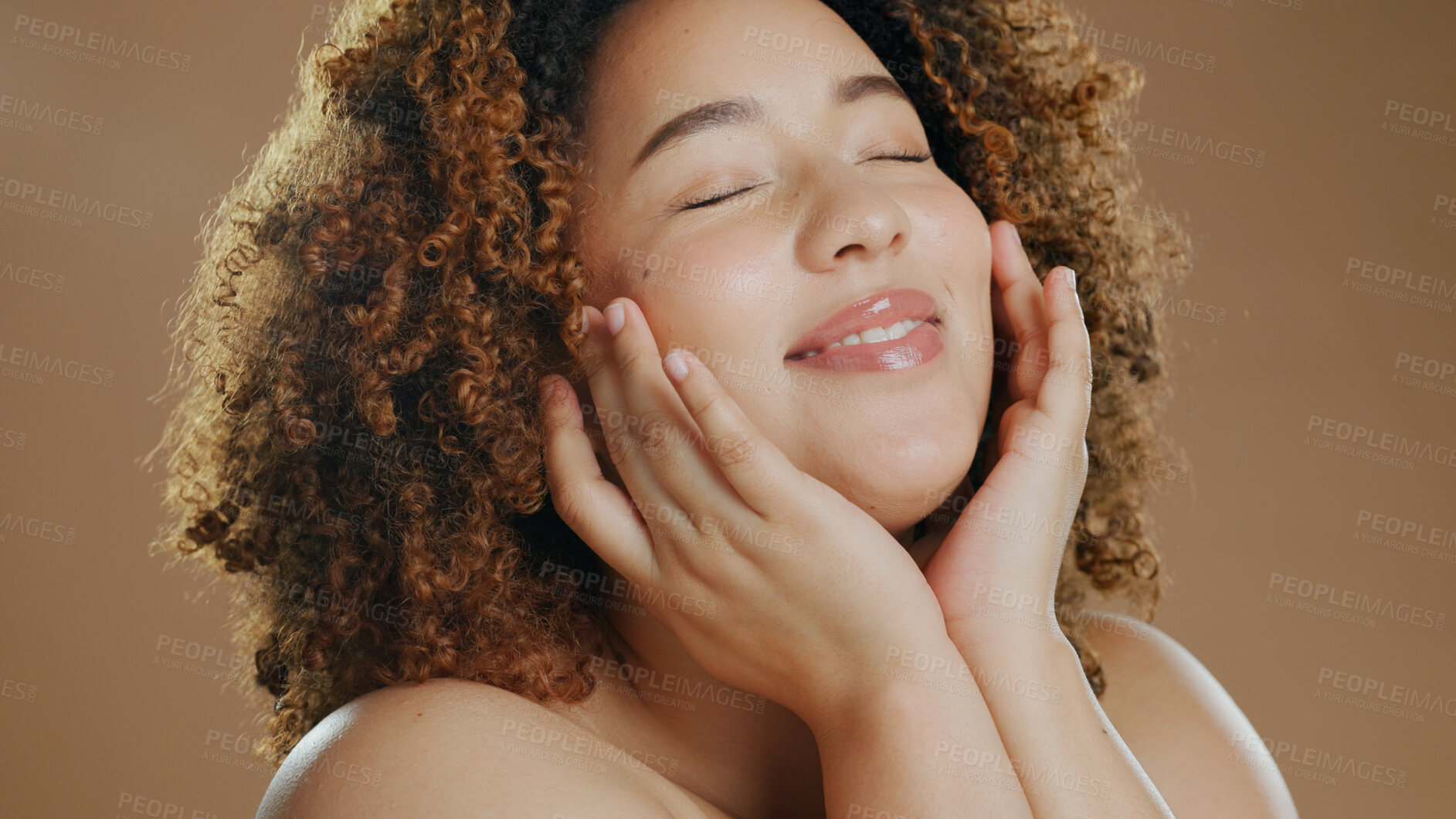 Buy stock photo Happy model, natural beauty or cosmetics for wellness in studio with smile, eyes closed or skin glow. Relax, proud girl or confident biracial female person with skincare results on brown background