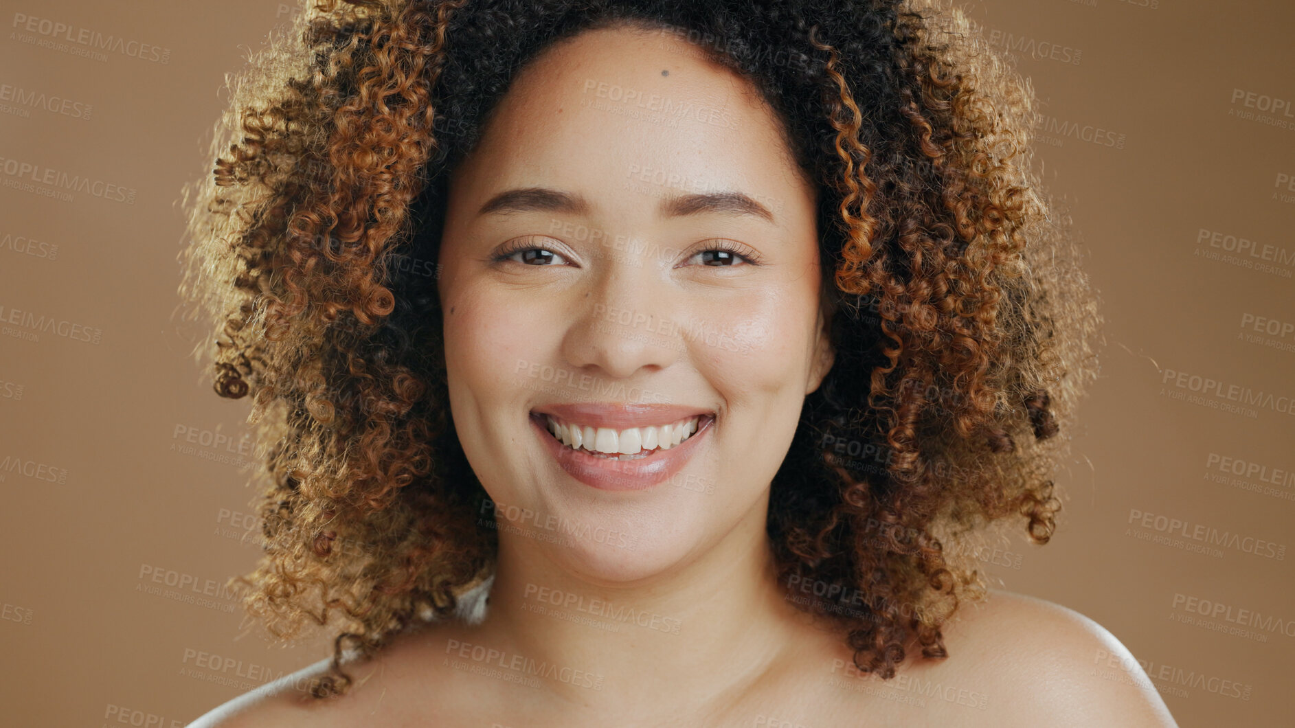 Buy stock photo Portrait of happy woman, natural skincare dermatology or cosmetic wellness in studio with smile. Skin glow, model or confident biracial female person with beauty results or pride on brown background