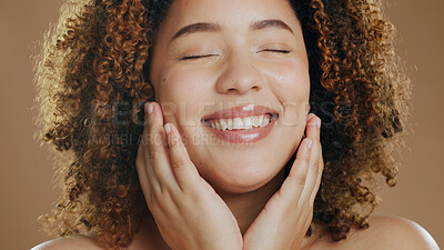 Buy stock photo Face of happy woman, natural or healthy skin for wellness in studio with smile, facial results or glow. Dermatology, relax or confident biracial girl model with skincare cosmetics on brown background