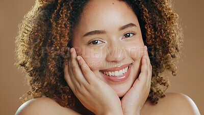 Buy stock photo Portrait of happy woman, smile or healthy skin for wellness in studio with beauty, facial results or glow. Dermatology, natural or confident biracial model with skincare cosmetics on brown background