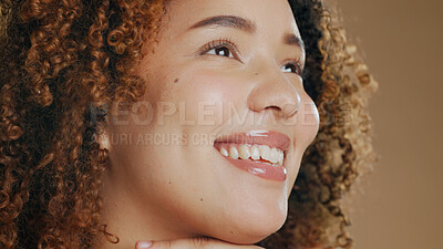 Buy stock photo African woman, beauty and studio headshot in profile, smile or glow for thinking for skincare by background. Girl, happy and vision for cosmetic, wellness or glow on facial closeup for transformation